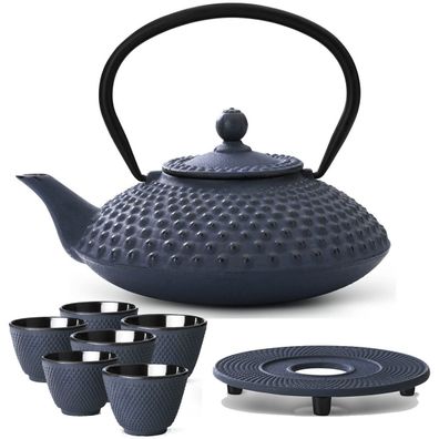 Teekanne Set 1.25L blau Asia Gusskanne 6 Becher Untersetzer Teeservice Gusseisen