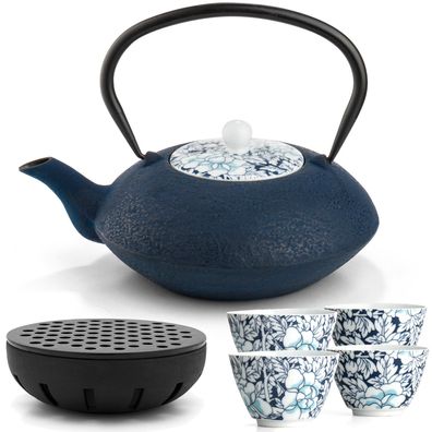 Teekanne Set 1.2 L blau Asia Gusskanne Untersetzer Gusseisen & 4 Porzellanbecher