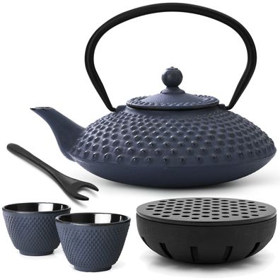 Teekannen Set blau Asia Gusseisen 1.25 Liter Gusskanne Teewärmer & 2 Tee-Becher