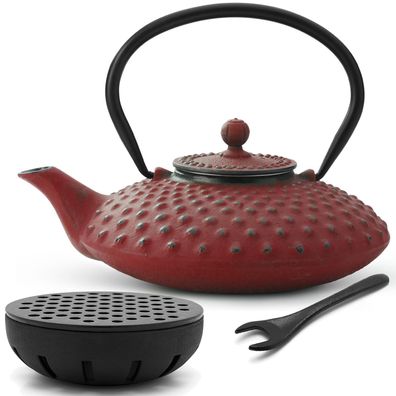 Asia Tee Set Gusseisen 0.8 Liter rot Gusskanne Teewärmer Deckelheber Tee-Filter