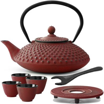 Asia Teekannen Set 1.25 Liter Gusskanne rot Untersetzer Deckelheber 4 Teebecher