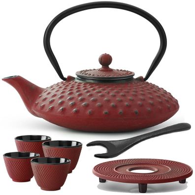 Asia Teekannen Set 0.8 Liter Gusskanne rot Untersetzer Deckelheber & 4 Teebecher