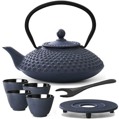 Bredemeijer Asia Teekannen Set 1,25 L Gusskanne blau Untersetzer Deckelheber 4 Teebec
