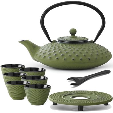 Asia Teekannen Set 0.8 Liter Gusskanne grün Untersetzer Deckelheber 6 Teebecher