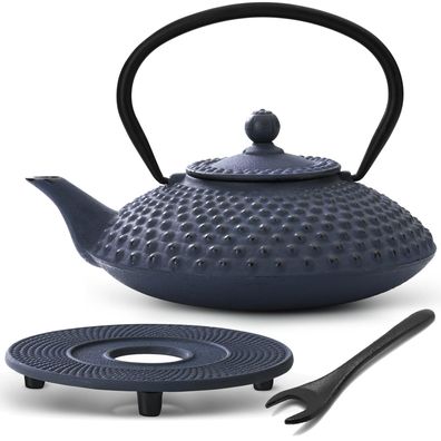 Asia Teekanne 1.25 Liter Set Gusseisen blau Gusskanne Untersetzer & Deckelheber