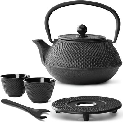 Asia Teekannen Set 0.8 Liter Gusseisen schwarz Untersetzer Deckelheber 2 Tassen