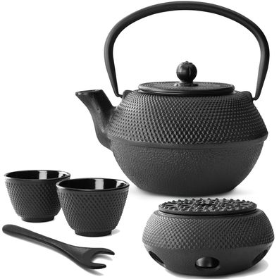 Asia Teekannen Set 1.1 Liter Gusseisen schwarz Teewärmer Deckelheber & 2 Tassen