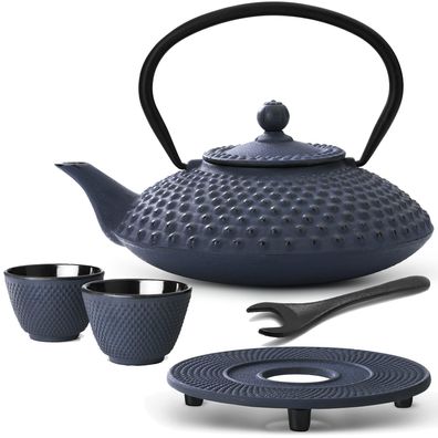 Asia Teekannen Set 1.25 Liter Gusseisen blau Untersetzer Deckelheber 2 Teetassen