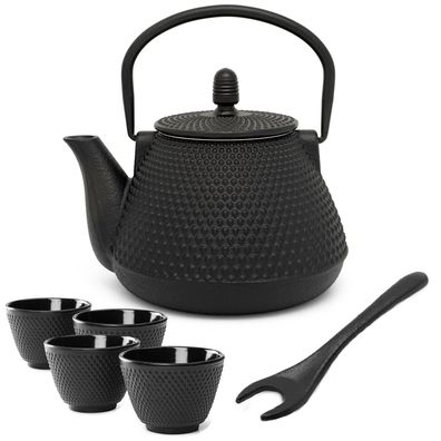 Teekannen Set 0.8 Liter Gusskanne mit Deckelheber 4 Teebecher & Tee-Filter-Sieb