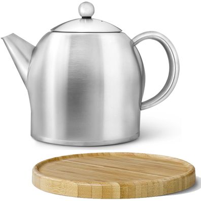 Bredemeijer Teekanne Set 1,4 L Edelstahl matt doppelwandige Kanne & Holz Untersetzer