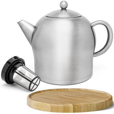 Teekanne Set 2.0 L Edelstahl matt doppelwandig Holz Untersetzer braun & Filter