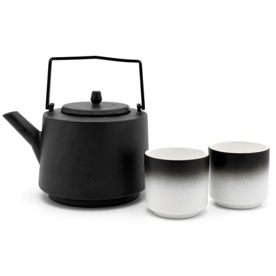 Teekannen Set 1.2 Liter schwarz Gusseisen 3-tlg. Gusskanne 2 Porzellan Teebecher