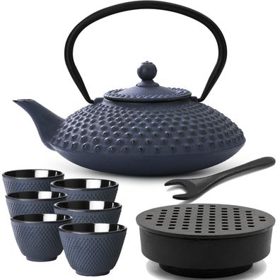 Asia Gusseisen Tee Set blau 1.25 L Kanne mit Stövchen 6 Teebecher & Deckelheber