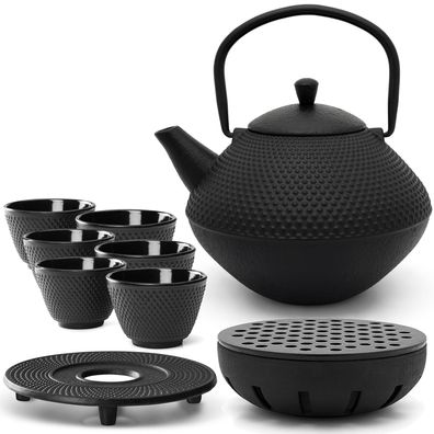 Teekanne Gusseisen Set 1.0 L asiatisch schwarz 6 Becher Untersetzer & Teewärmer