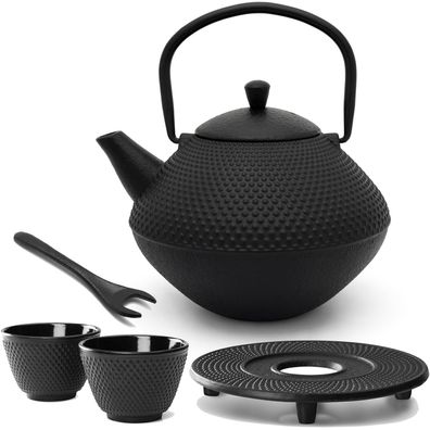 Teekanne Gusseisen Set 1.0 Liter schwarz 2 Teebecher & Untersetzer & Deckelheber
