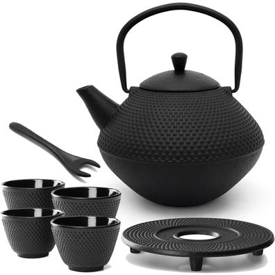 Teekanne Gusseisen Set 1.0 Liter schwarz 4 Teebecher & Untersetzer & Deckelheber