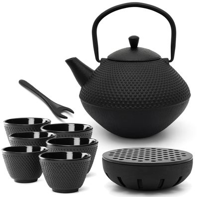 Teekanne Gusseisen Set 1.0 Liter Asia schwarz Teewärmer 6 Teetassen Deckelheber