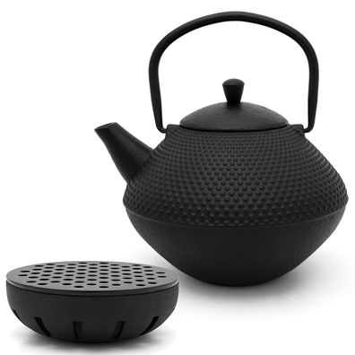 Teekanne Gusseisen Set 1.0 L kleiner Teekessel Gusskanne schwarz mit Teewärmer
