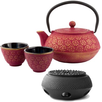 Asia Tee Set Gusseisen 0.6 Liter rot Teekanne mit Stövchen und 2 Guss-Teebecher