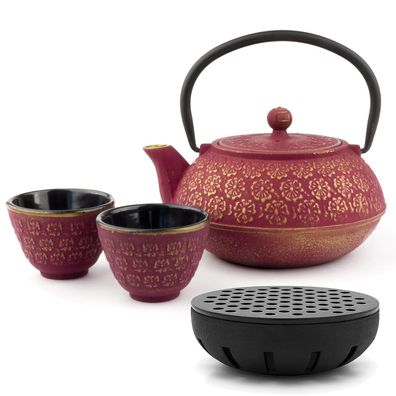 Asia Tee Set Gusseisen 0.6 Liter rot Teekanne mit Teewärmer und 2 Guss-Teebecher