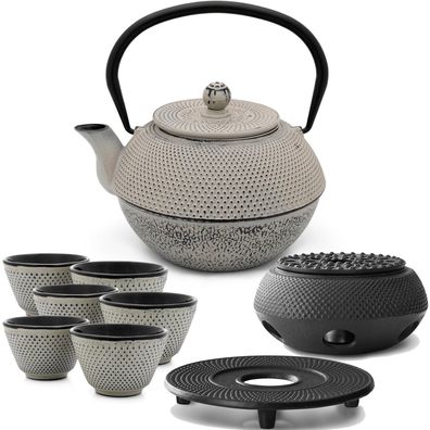 Teekanne Set Gusseisen 1.1 Liter grau Tee-Set 6 Becher Untersetzer mit Stövchen