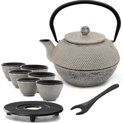 Graue Asia Teekanne Gusseisen 1.1 L Tee-Set 6 Becher Untersetzer & Deckelheber