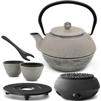Teekanne Guss 1.1 L grau Tee-Set 2 Becher Untersetzer Stövchen mit Deckelheber