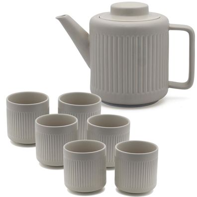 Bredemeijer Teekannen Set 1,2 L graues Porzellan Edelstahl Teesieb Kanne mit 6 Teebec