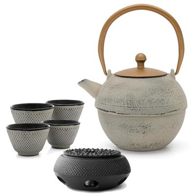 Bredemeijer Graue große Asia Teekanne Gusseisen 1,2 L Tee-Set 4 Teebecher mit Stövche