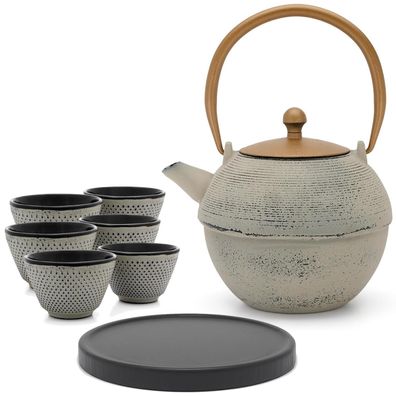 Bredemeijer Asia Teekanne Gusseisen 1,2 L grau Tee-Set 6 Teebecher mit Holz Untersetz