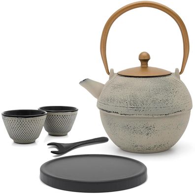 Bredemeijer Asia Teekanne Gusseisen 1,2 L grau Set 2 Becher Holz-Untersetzer & Deckel