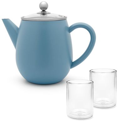 Teekanne 1.1 L Edelstahl doppelwandig blau Kanne mit Glasdeckel 2 Glas-Teebecher