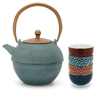 Bredemeijer Asia Teekannen Set 1,2 L Gusskanne blau Gusseisen Kanne & 4 Porzellan Bec