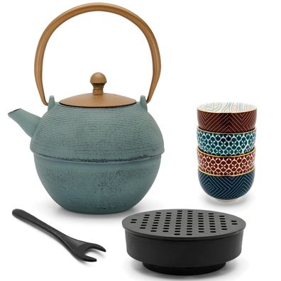Bredemeijer Asia Teekannen Set 1,2 L blau Gusseisen Porzellan-Becher Deckelheber & St