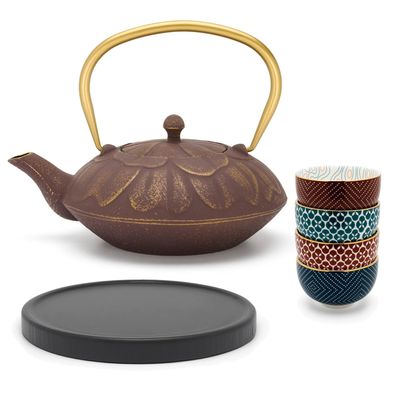 Bredemeijer Asia Teekannen Set 1,3 L lila Gusseisen Holzuntersetzer & 4 Porzellan Bec