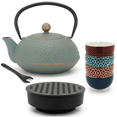 Asia Teekannen Set 0.9 L blau Gusseisen Porzellan-Becher Deckelheber & Stövchen