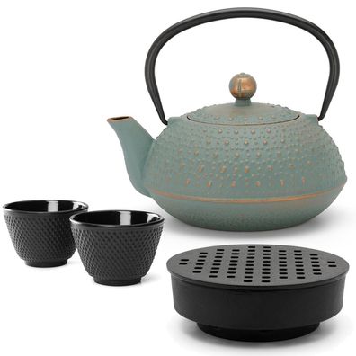 Asia Teekannen Set 0.9 Liter blau Gusseisen mit 2 Guss-Teebecher Guss-Stövchen