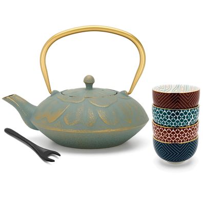 Bredemeijer Asia Teekanne Set 1,3 L blau Gusseisen mit 4 Porzellan Becher & Deckelheb