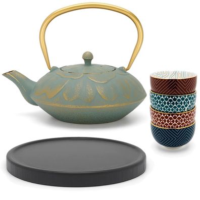 Bredemeijer Asia Teekanne Set 1,3 L blau Gusseisen Holzuntersetzer & 4 Porzellan Bech
