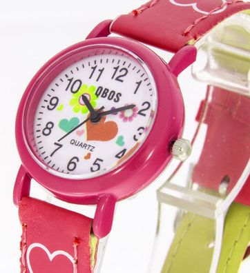 Kinderuhr Qbos pink mit Herzen