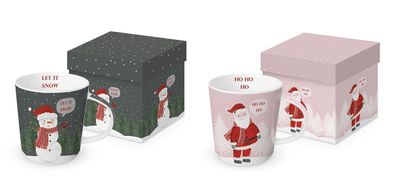 1 Kaffeebecher Schneemann o. Weihnachtsmann mit Geschenkbox, Henkelbecher Tasse Fest