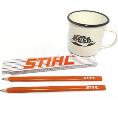 Stihl Zollstock + Zimmermannsbleistifte + Emaille Tasse Heritage