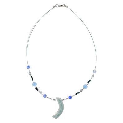 Kette Drahtkette mit Glasperlen und Anhänger Sichel graublau Email 42cm