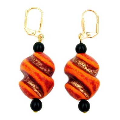 Ohrbrisur Ohrhänger Ohrringe 54x19mm goldfarben Schraubenperle rot-orange schwarz