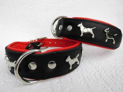 Bullterrier Hundehalsband - Halsumfang 34-40 cm, LEDER, Schwarz - Rot