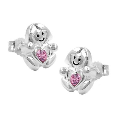 Ohrstecker Ohrring 9,5x8mm Kinderohrring Mädchen mit Herz Zirkonia pink glänzend