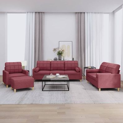 vidaXL 4-tlg. Sofagarnitur mit Kissen Weinrot Stoff