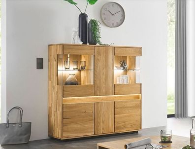 Highboard inkl. Beleuchtung 120x130cm "Ohio" Wildeiche massiv