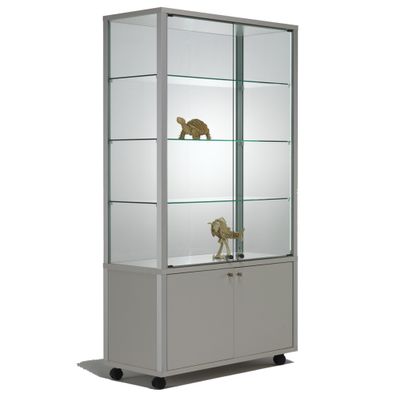 beleuchtete Alu Glasvitrine QM abschließbar & Unterschrank 100 x 50 cm Rollen