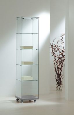 schmale Glas Messevitrine SV abschließbar Messebau Ausstellung rollbar 40x40 cm